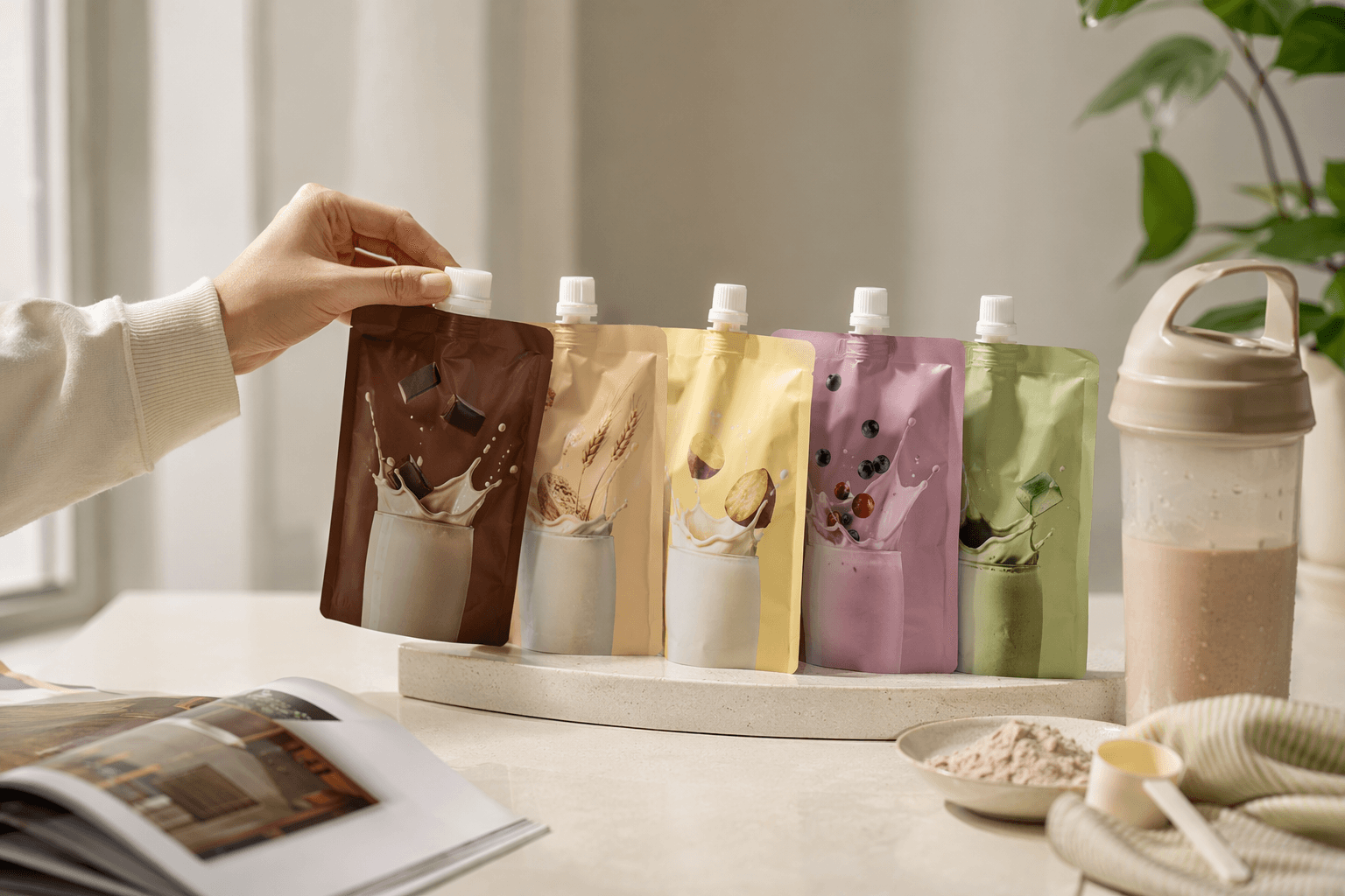 NUEBETTER protein shake pouches in choco, grain, sweet potato, berry, and green tea latte flavors