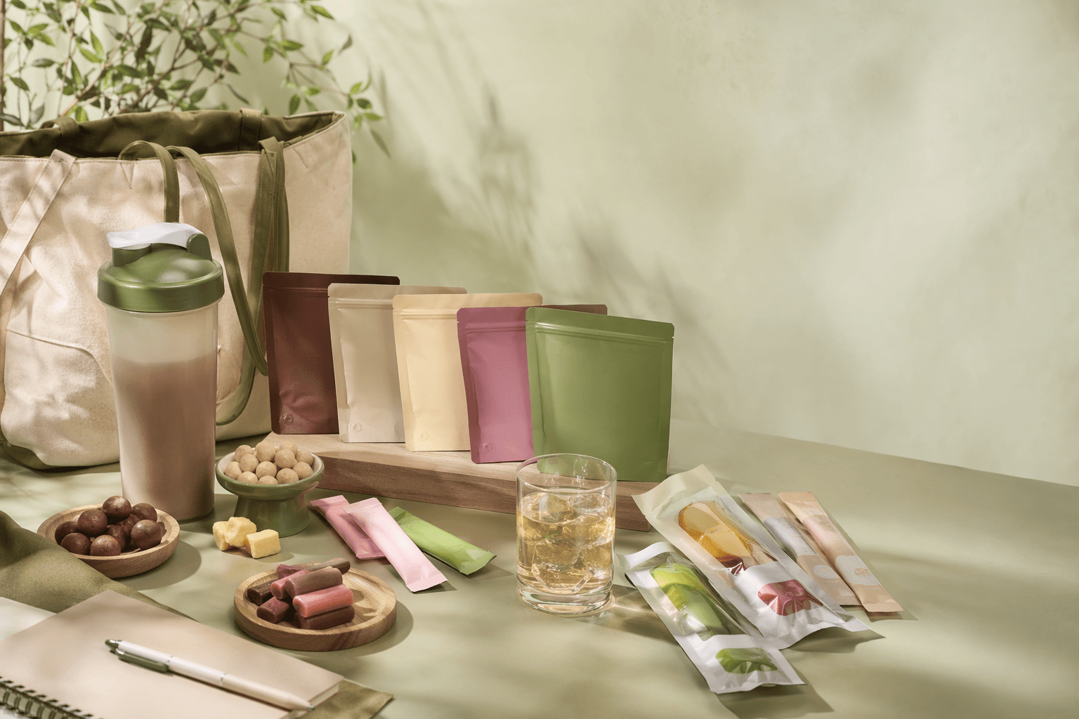 NUEBETTER wellness lineup with shakes, candies, and stick drinks