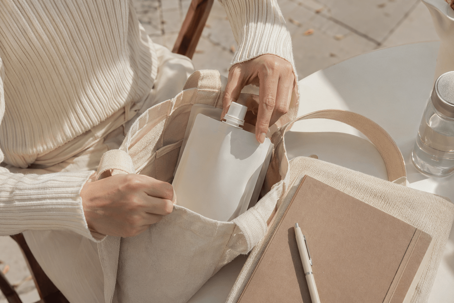 Portable NUEBETTER pouch packed in a tote bag for an on-the-go routine