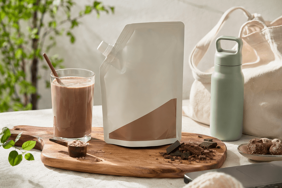 NUEBETTER protein shake pouch on a table